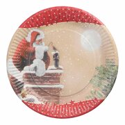Pappteller rund  23 cm Weihnachtsmann auf Schornstein, 10 Stk.